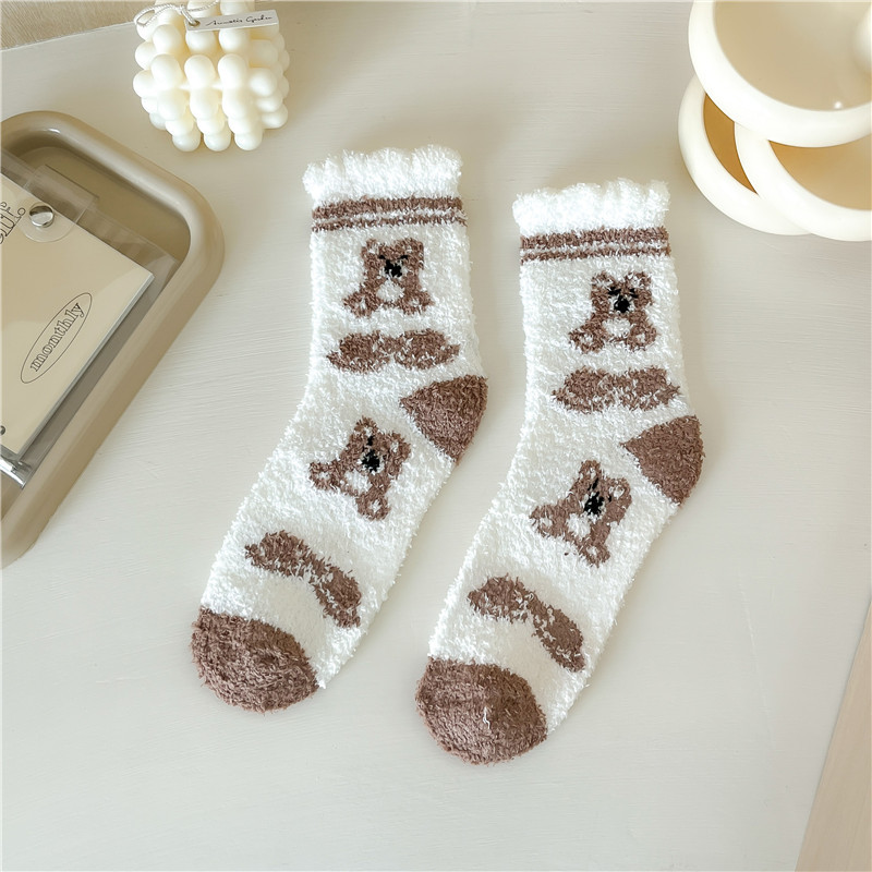 Coral Fleece Socks Female Coffee Color Series Bear Women's Mid Tube Stockings Winter Fleece Lined Padded Warm Keeping Room Socks Sleep Women's Socks