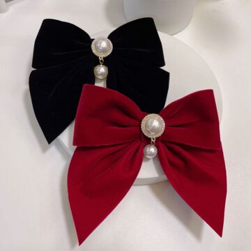 网红秋冬新款丝绒珍珠吊坠蝴蝶结发夹日韩气质少女顶夹精品店发饰