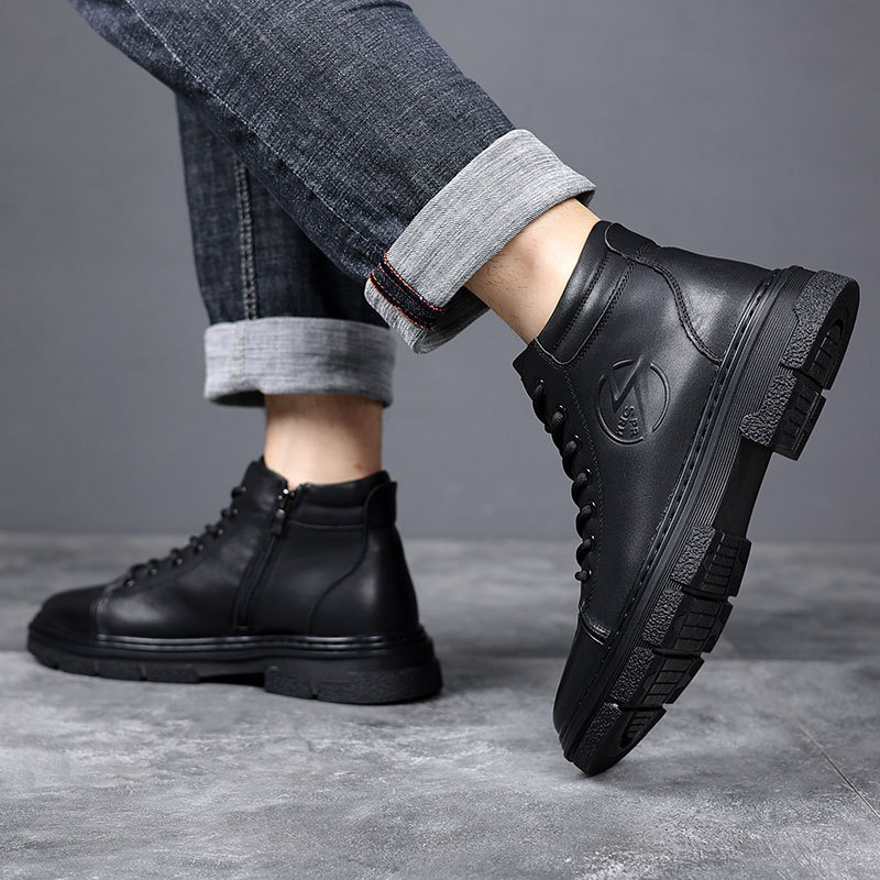 Winter Men's Shoes Cowhide High-Top Shoes Men's Casual Fleece-lined Dr. Martens Boots Men's Trendy Ankle Boots First Layer Cowhide Boots Men