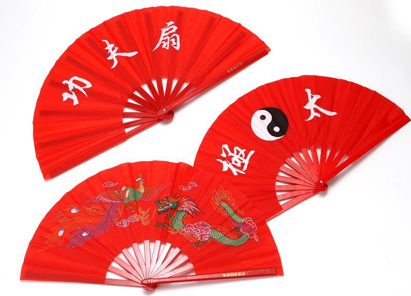 功夫扇红色太极扇子中国风双面响扇武术扇竹骨塑料成人儿童舞蹈扇