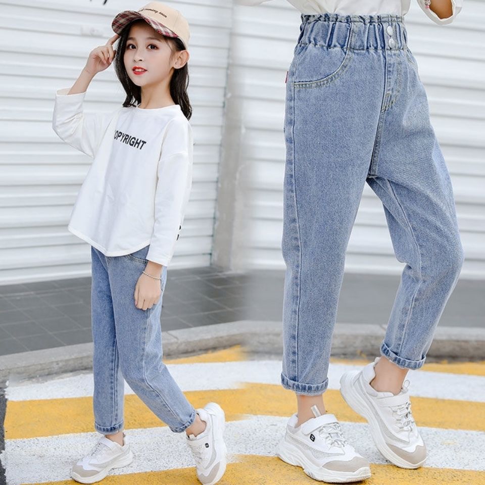 百搭女童牛仔裤2022新款春秋韩版儿童裤子女孩长裤洋气宽松哈伦裤