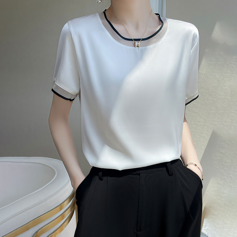 Summer New Silk Satin Mesh Patchwork round Neck Slimming Short-Sleeved T-shirt Top Women's Mulberry Silk All-Matching Women's Wear Women Clothes