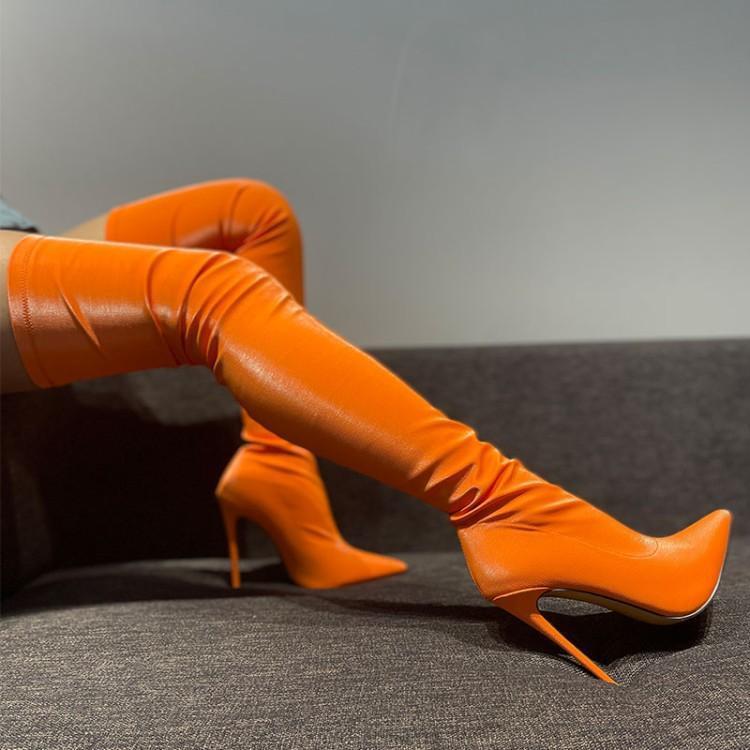 橘色过膝长靴子女细跟2022春秋欧美尖头高跟靴时尚瘦腿弹力靴大码