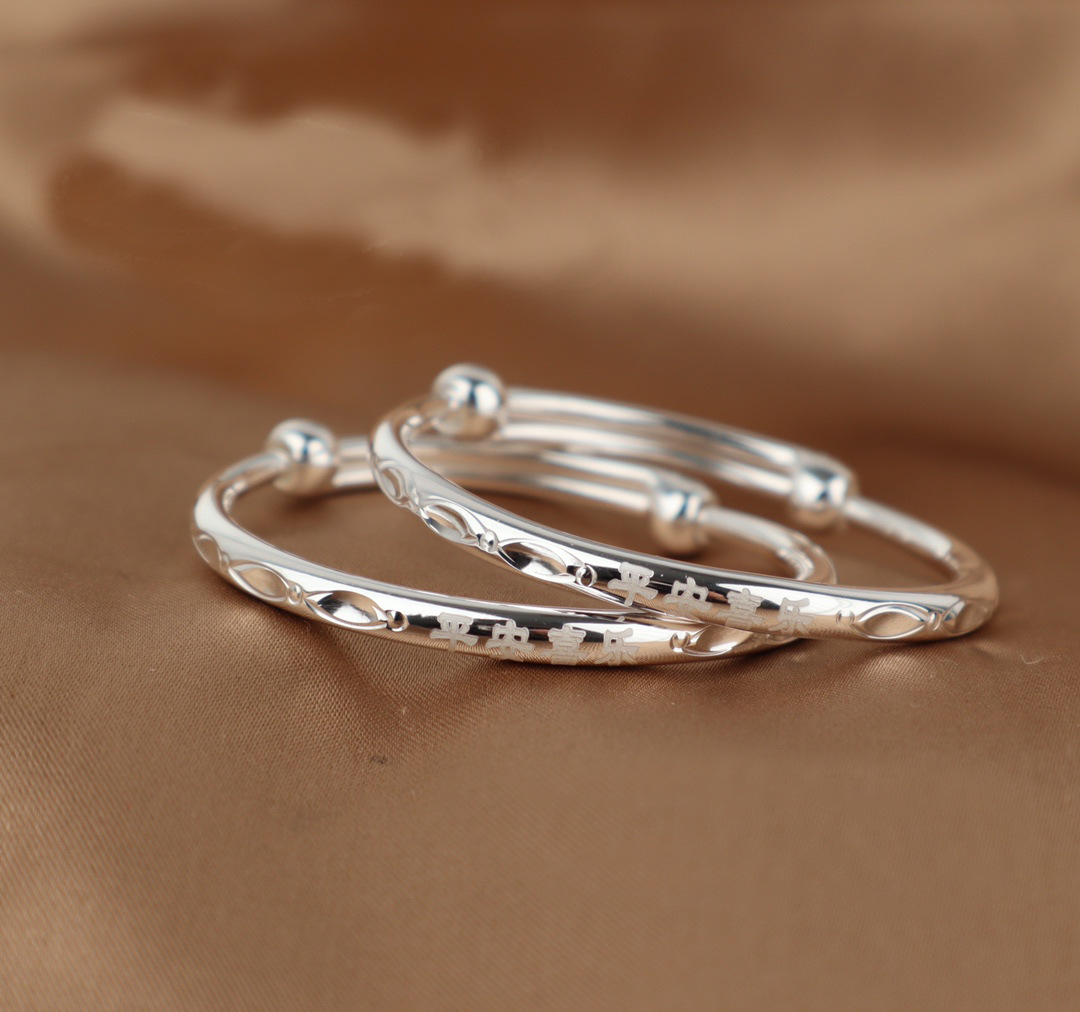 足银9999宝宝银童镯纯银平安喜乐圆棍光面镯子满月礼小孩儿童周岁