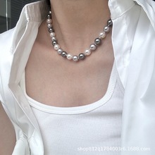 强光混彩黑白灰混色珍珠项链打结设计轻奢小众锁骨链时尚潮酷风