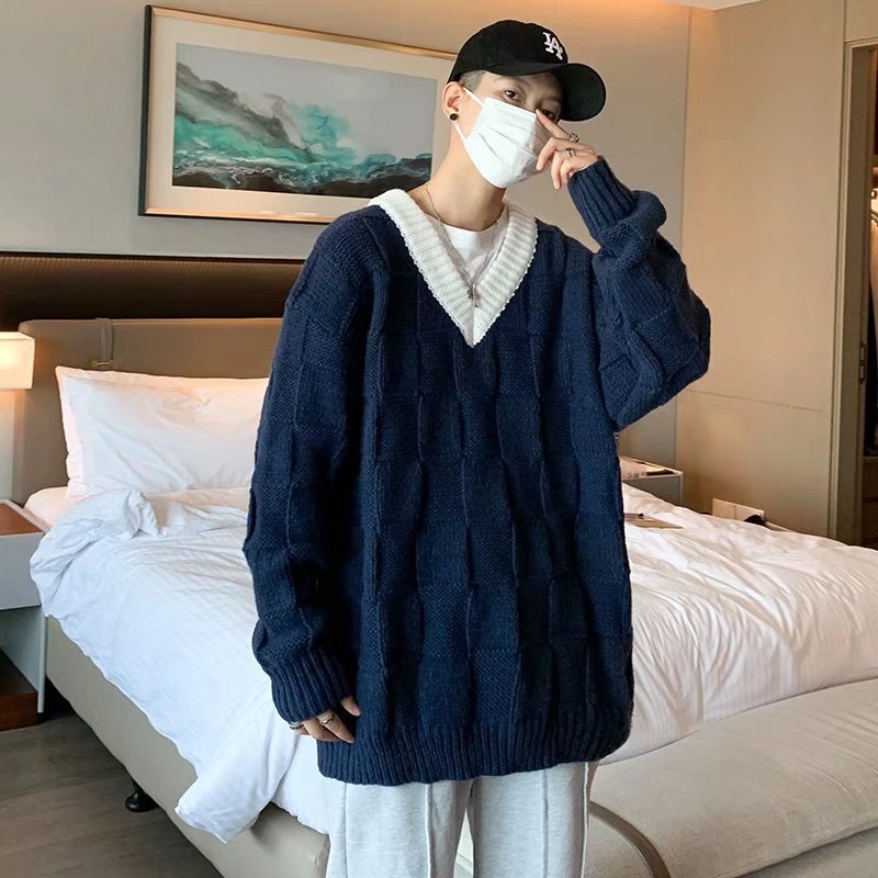 日系v领针织衫男情侣休闲格子毛线衣冬季潮牌外穿帅气青少年毛衣