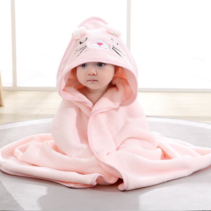 New Spring and Autumn Baby Newborn Swaddling Baby Wraparound Cloth Cute Cartoon Baby's Blanket Coral Fleece Hood Bath Towel