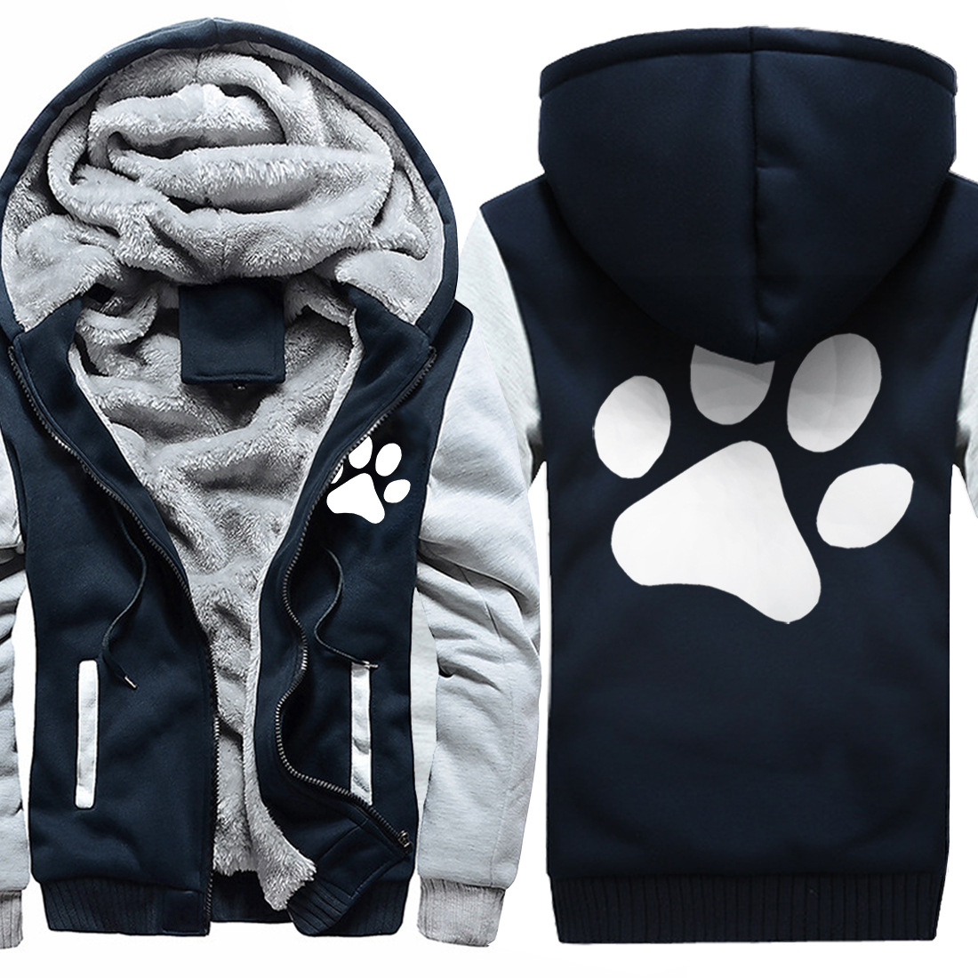 冬季保暖男士猫爪印花夹克加绒加厚棉袄运动服运动服男连帽外套