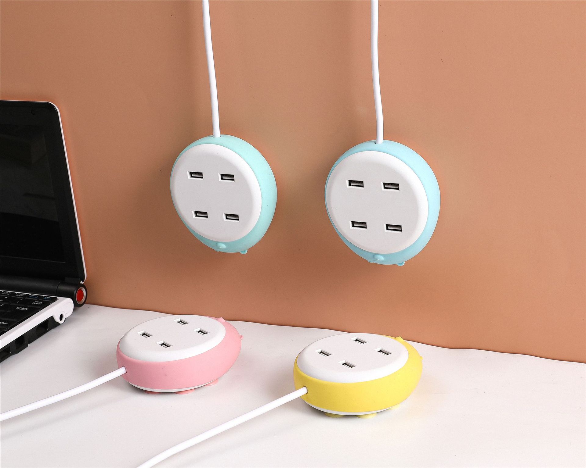 萌熊usb吸盘排插 创意便携床头4孔插排面板 学生宿舍多孔接线排插