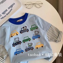 男童假两件长袖T恤 日系秋季新款儿童宝宝小汽车卡通洋气上衣