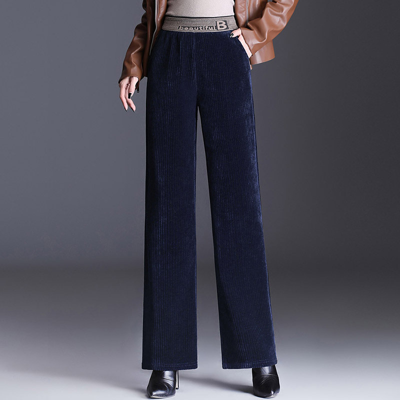 2022 Chenille Wide-Leg Pants Women Autumn and Winter Leisure High Waist Drooping Fleece Straight Elastic Waist Striped Pants Women's Trousers