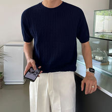 麻花短袖针织衫T恤夏季男士韩版宽松半袖纯色圆领体恤打底衫