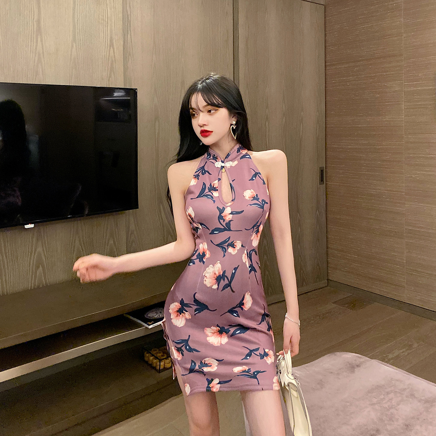 夏季2021新款印花复古性感短款开叉旗袍裙气质无袖挂脖连衣裙a003