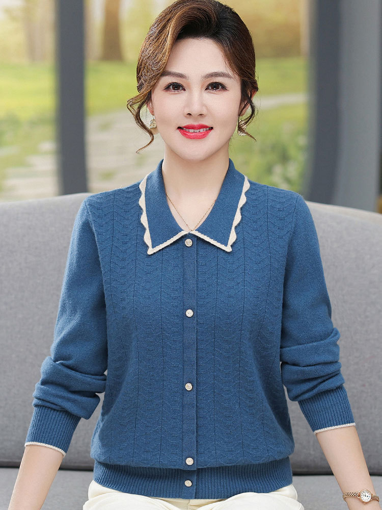 时尚中年女士纯色羊绒衫开襟毛衣女秋冬翻领妈妈大码针织衫开衫厚