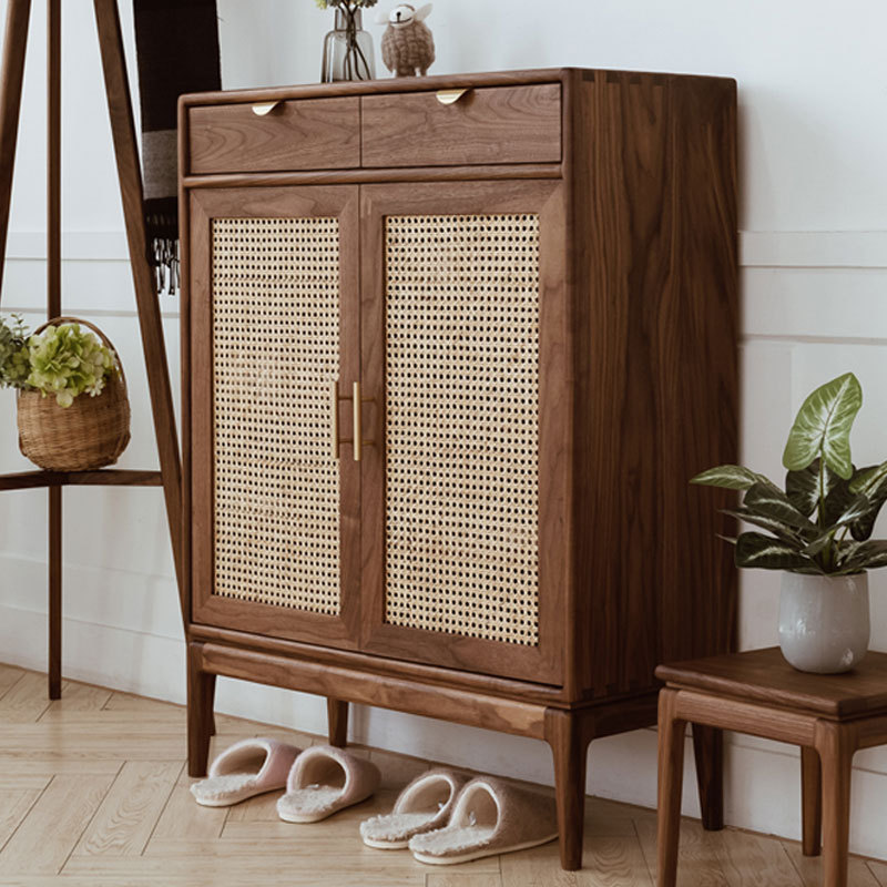 北欧黑胡桃木鞋柜全实木家用门口大容量门厅柜入户玄关鞋柜藤编柜