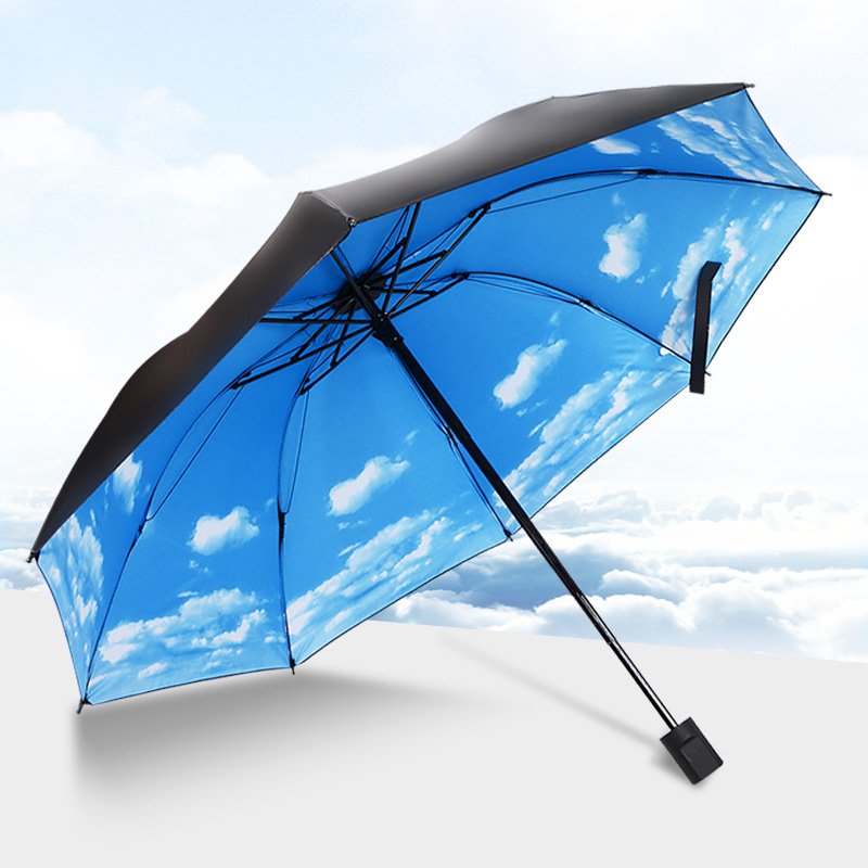 8-Bone Sun Protection Folding Umbrella Vinyl UV Protection Three-Fold Sun Umbrella Manual Blue Sky White Clouds Rain Or Shine Dual-Use Umbrella