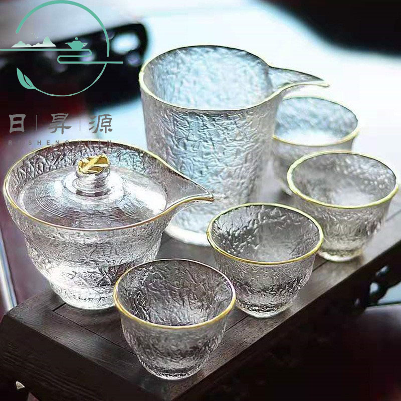 日式锤纹玻璃盖碗泡茶手抓壶描金茶杯公道杯透明功夫茶具批发