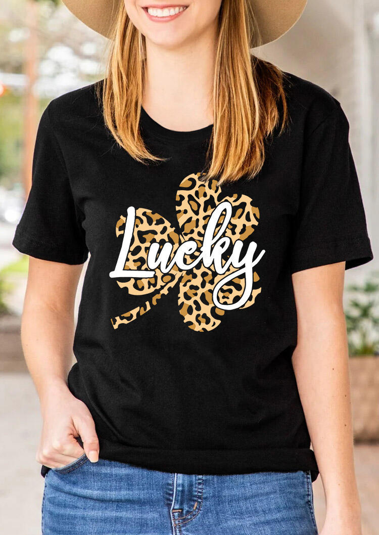 新款t恤lucky豹纹三叶草图案印花休闲t恤