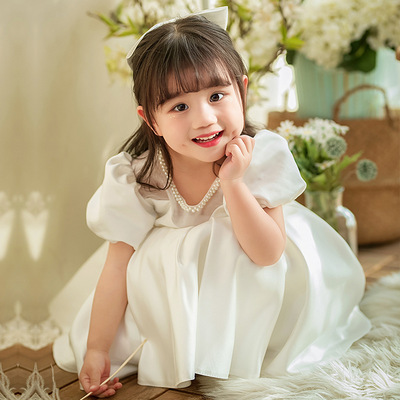 泡泡袖公主裙中小童白色礼服女宝宝周岁礼服甜美可爱儿童公主裙子