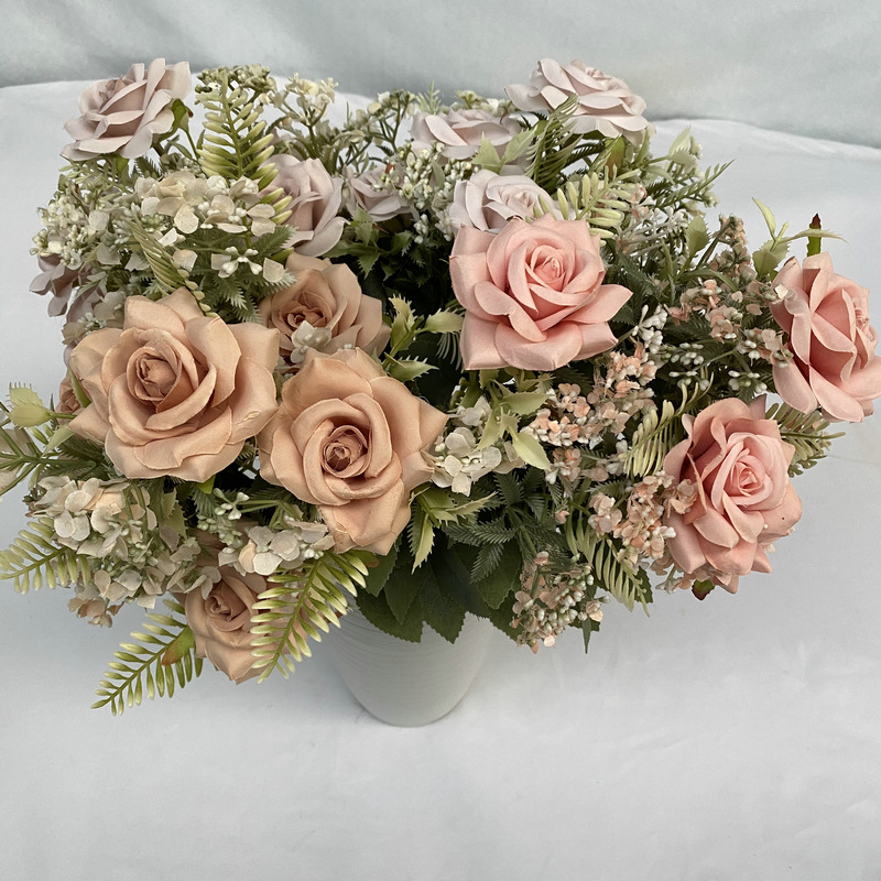 Brushed Cloth Meijiang 9-Head Curling New Rose Wedding Hand Holding Artificial Fake Flower Furnishings Decorations Arrangement Artificial Bouquet