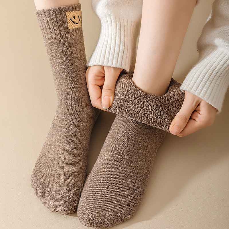 Winter New Warm Thick Small Smiley Face Terry-Loop Hosiery Fleece-lined Solid Color Mid-Calf Length Socks Casual Simple Floor Socks Wholesale