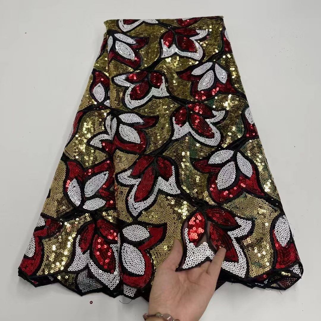 晚礼服舞台服装面料刺绣满幅花朵叶子图案双色亮片绣花布料 mn424