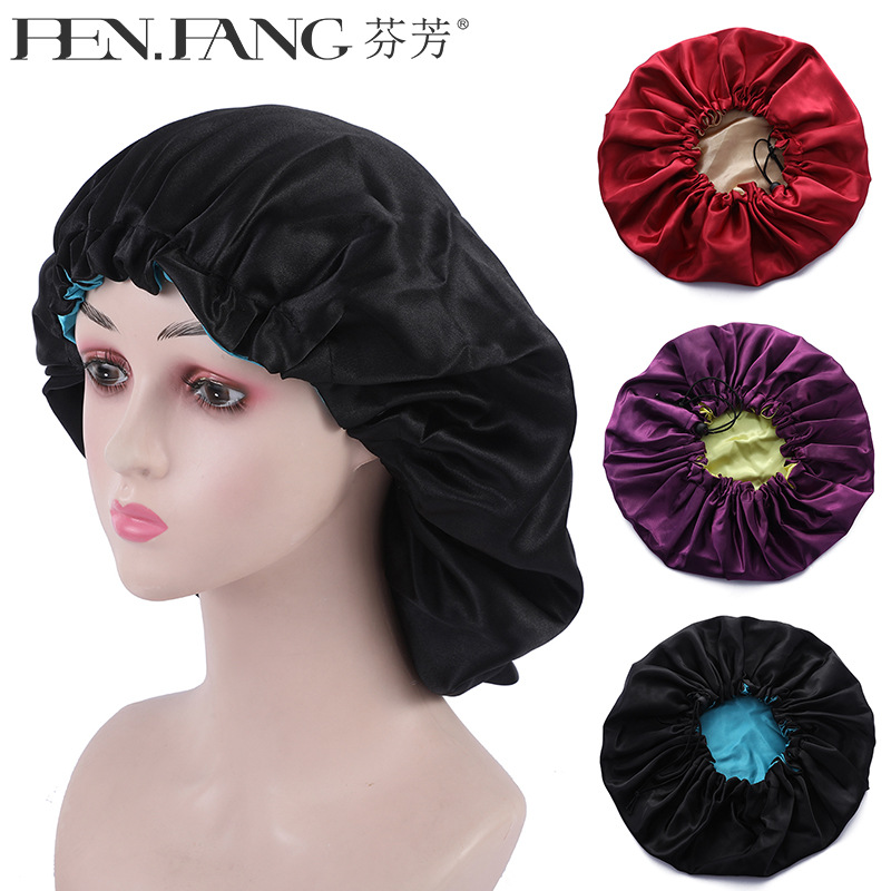 cross-border double-layer satin nightcap flanging wooden ear shower cap lace home cap large adjustable drawstring hair care cap
