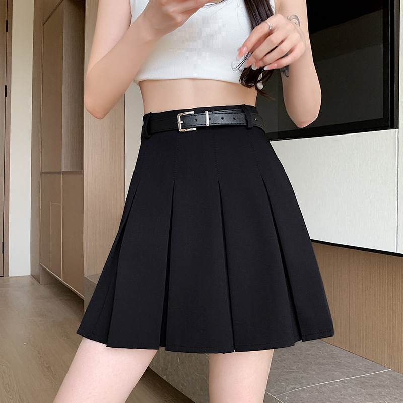 Half-Length Pleated Skirt Female Summer New Belt Style Short Skirt Fashion Slimming Temperament Commute Skirt High Waist A- line JK Skirt