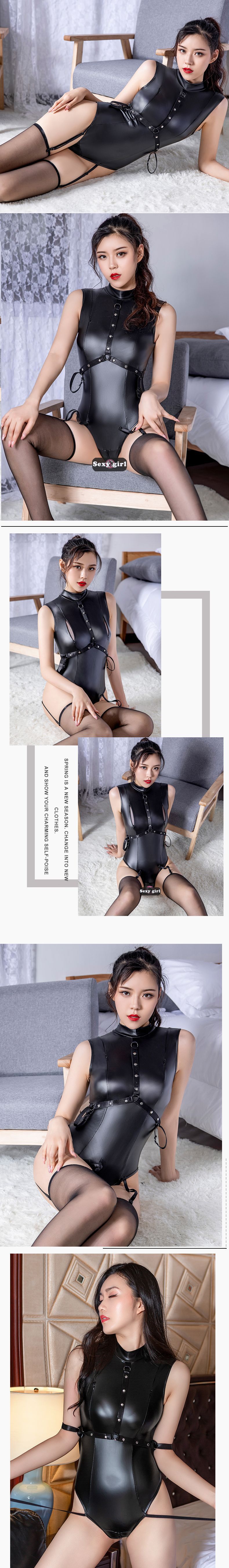 高弹漆皮尤拉链酒吧舞女臂环束缚开裆连体女情趣内衣