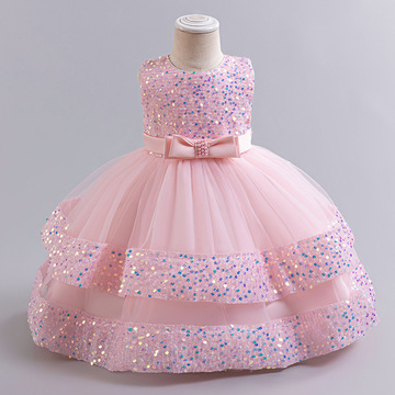 周岁礼服晚会公主裙亮片宝宝生日儿童裙子蝴蝶珍珠婚纱女童连衣裙
