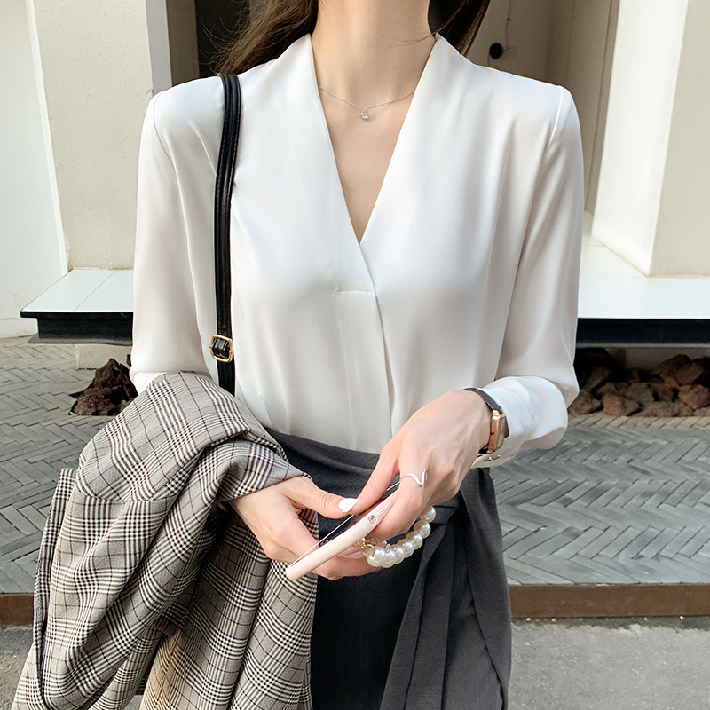 V-neck Long Sleeve Shirt Top Commuter Business Clothing Women's High-Grade Shirt White Liner Interview Bandage Dress Spring and Autumn