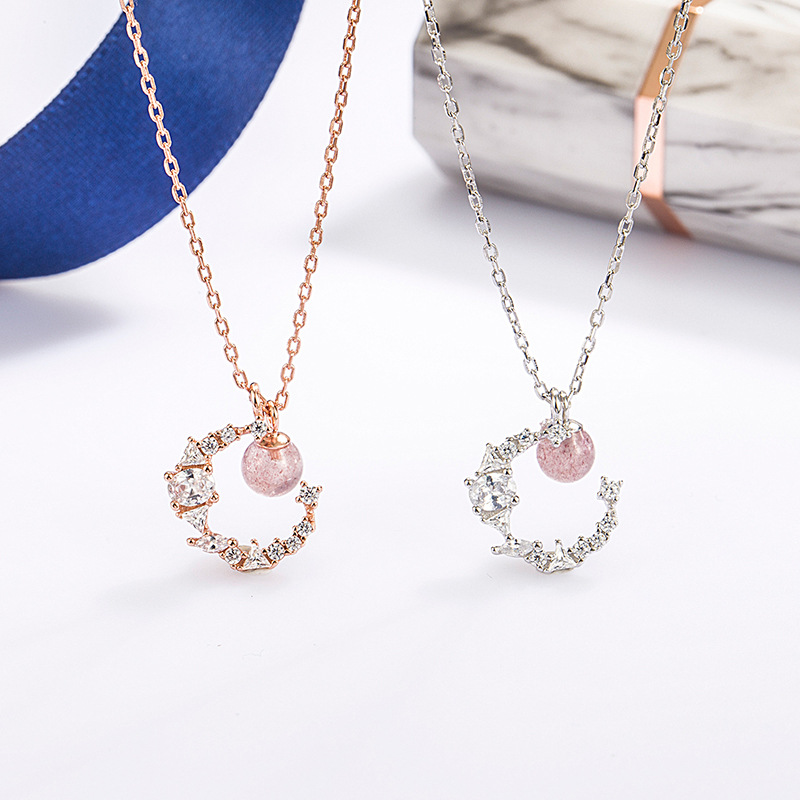 S92 May Bright Necklace Women's Sterling Silver Light Luxury Girl Niche High Sense Strawberry Quartz Zircon Girlfriends Student Short Necklace