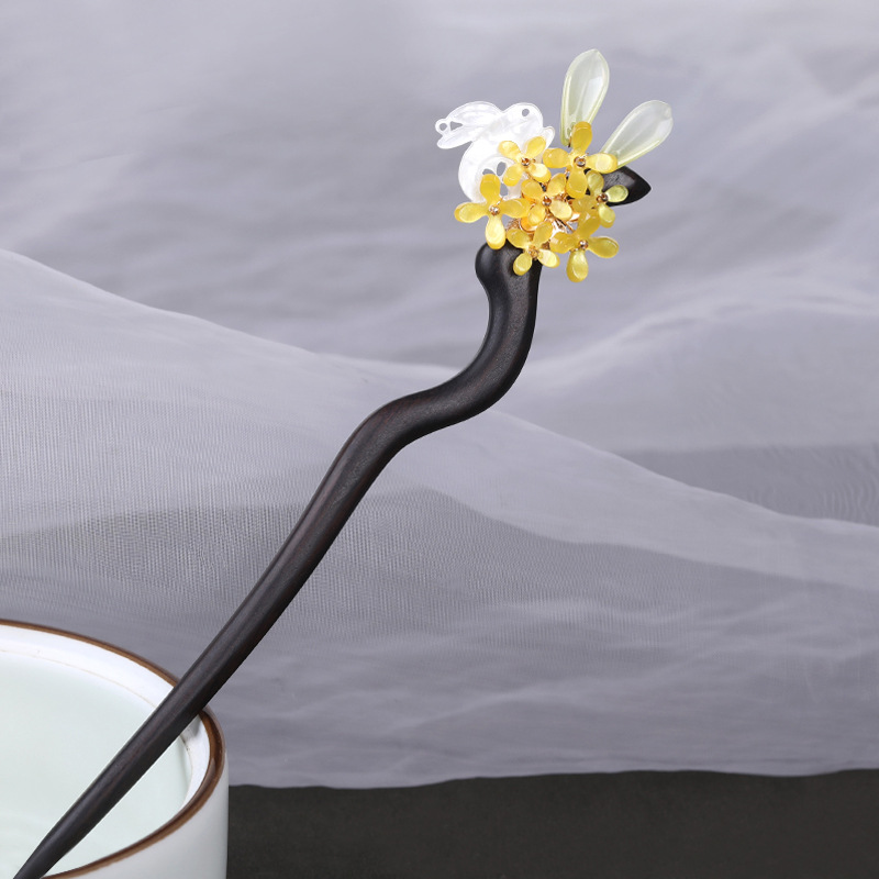 黑檀发簪古风桂花兔簪子 檀木发钗汉服头饰 复古旗袍发饰盘发木簪