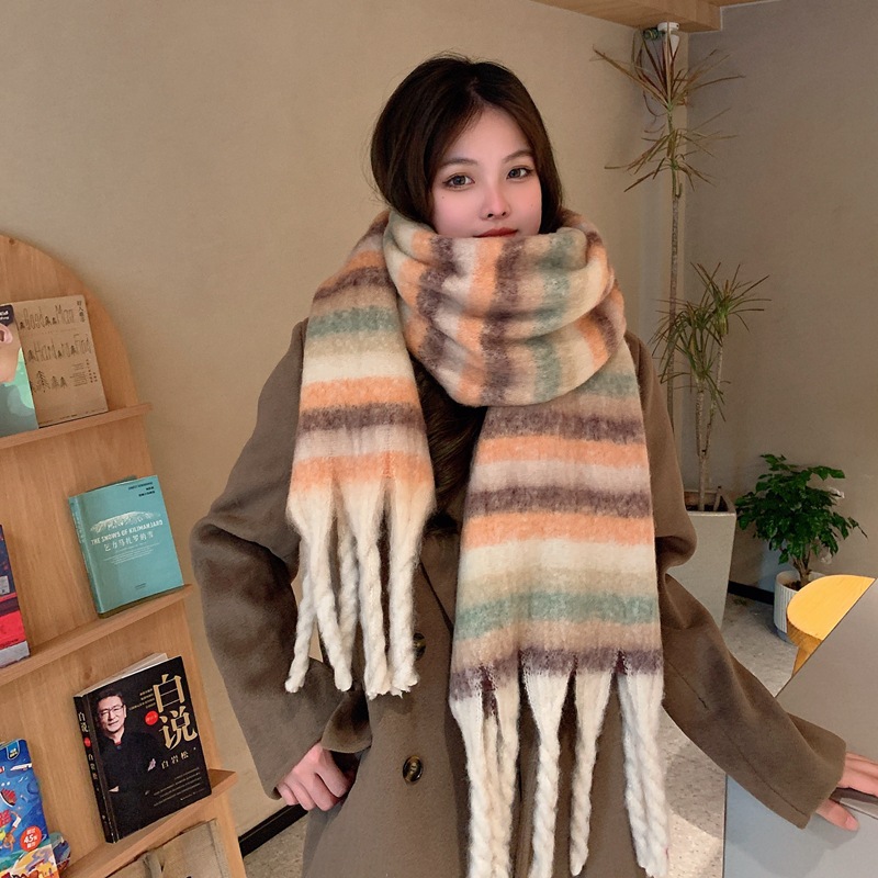 Korean Style Women's Autumn and Winter Retro Gradient Color Striped Artificial Cashmere Scarf Student Scarf Thickened Warm Mohair Cape