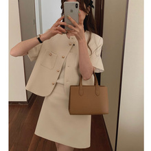 韩版2024新款小香风短袖西装套装夏时尚小个子圆领西服短裙两件套