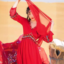 大红色西宁宁夏旅游敦煌摄影出片沙漠打卡超美气质仙女显瘦连衣裙