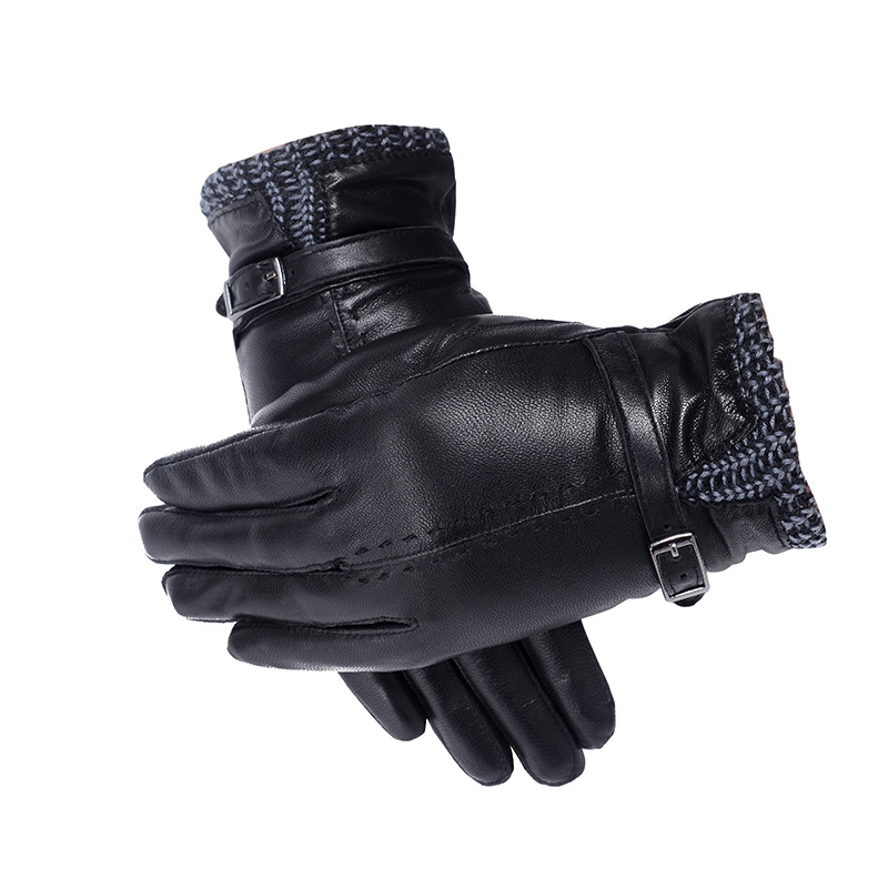 Factory Direct Supply Black Sheepskin Men's Whole Leather Gloves Knitted Rib Cuff Adjustable Leather Gloves Outdoor Winter Gloves