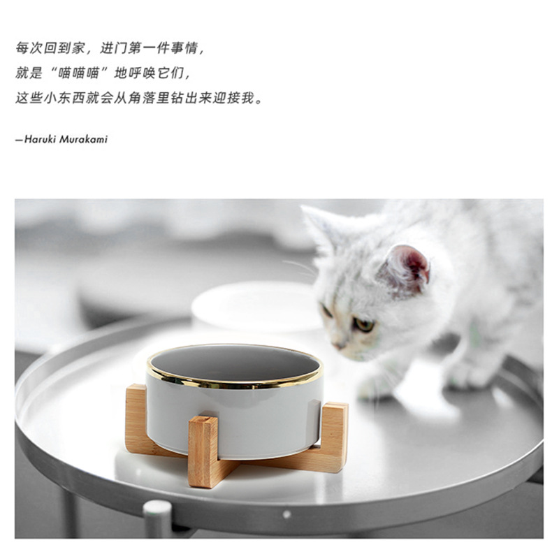 Hot Sale Cat Bowl Ceramic Pet Feeding Basin Dog Food Bowl Drinking Basin Large Diameter Non-Slip Pet Tableware Bamboo Bowl Rack