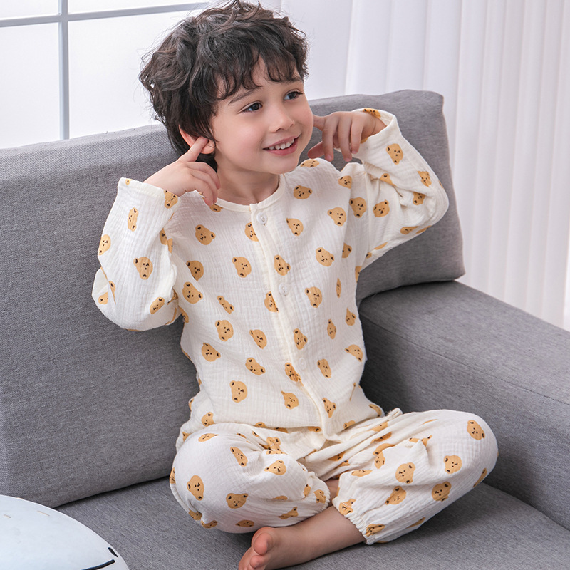 Spring Summer Cotton Gauze Boys and Girls Pajamas Long-Sleeved Children's Korean-Style Spring and Autumn Homewear Baby Suit Wholesale