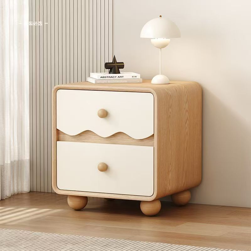 北欧实木波浪床头柜实木现代卧室家用新款皮质简约风格卧室收纳柜
