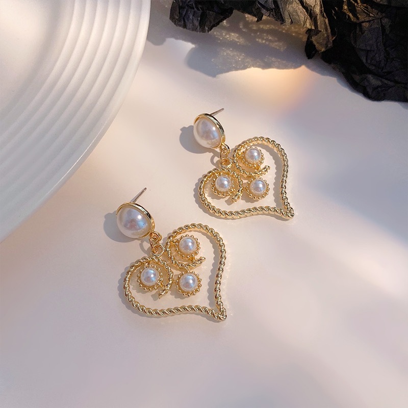 925银针阚清子同款新款镂空心形耳坠 巴洛克爱心珍珠耳环耳钉