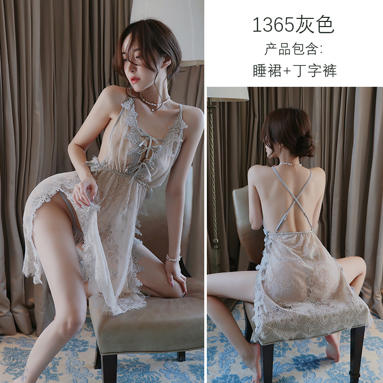 Lonnight Sexy Lingerie Lace Seduction Sexy Lingerie Side Slit Slip Nightdress Home Pajamas Female 1365