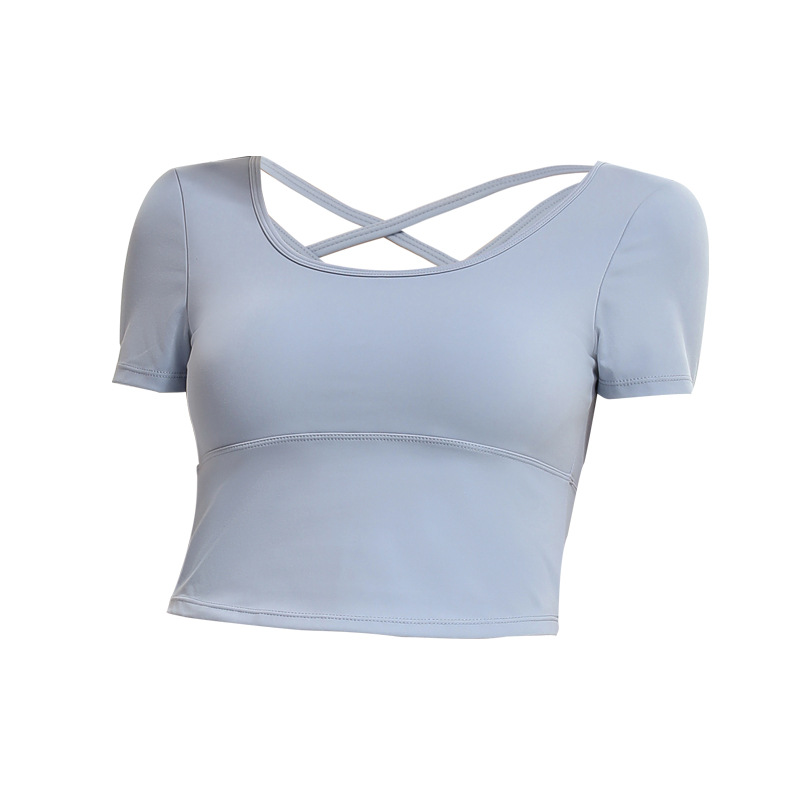 European and American Short Sports Short-Sleeved T-shirt Women's Running Belt Chest Pad Cross Beauty Back Yoga Vest Tight Fitness Top