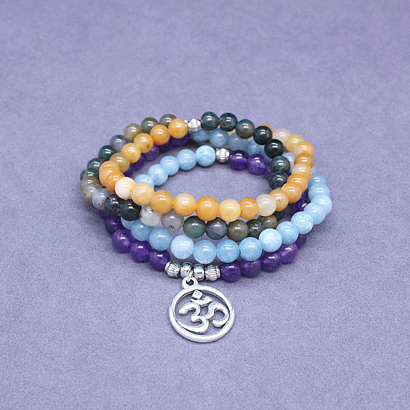 高档天然石念珠手串108颗弹力石头玛瑙珠手链佛珠静心配饰男女彩