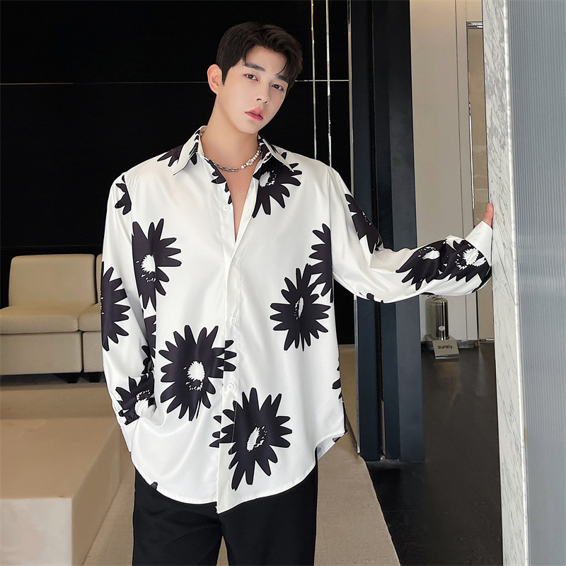 2022春季韩版法式文艺气质黑白印花灯笼袖长袖衬衫高级感上衣男潮