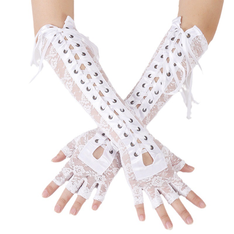Cross-Border Long Hollow out Stitching Clinch Lace-up Half Finger Gloves Summer Sun-Proof and Breathable Gloves Cos Lace Gloves