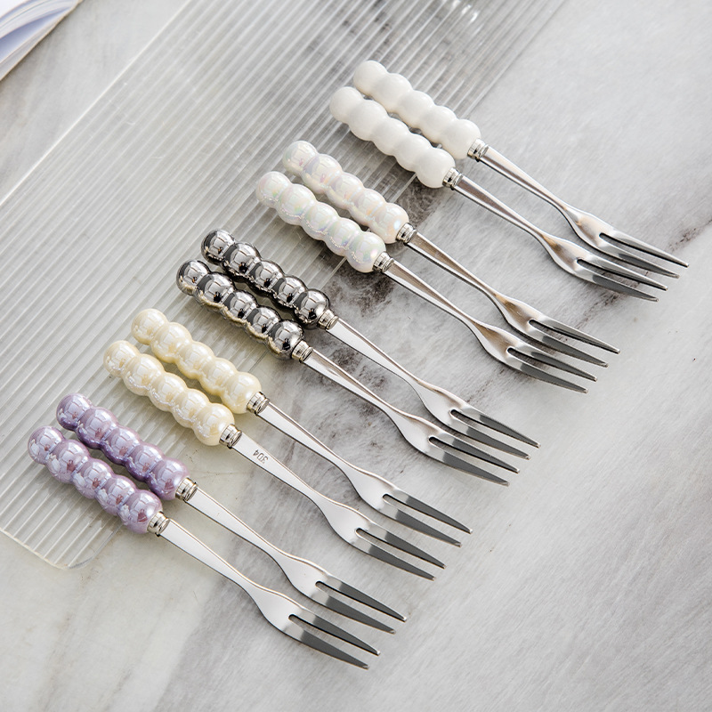 Light Luxury Ins Pearl Fruit Fork Set Creative Colorful Ceramic Storage Tank Household Stainless Steel Fork Fruit Fork Jar