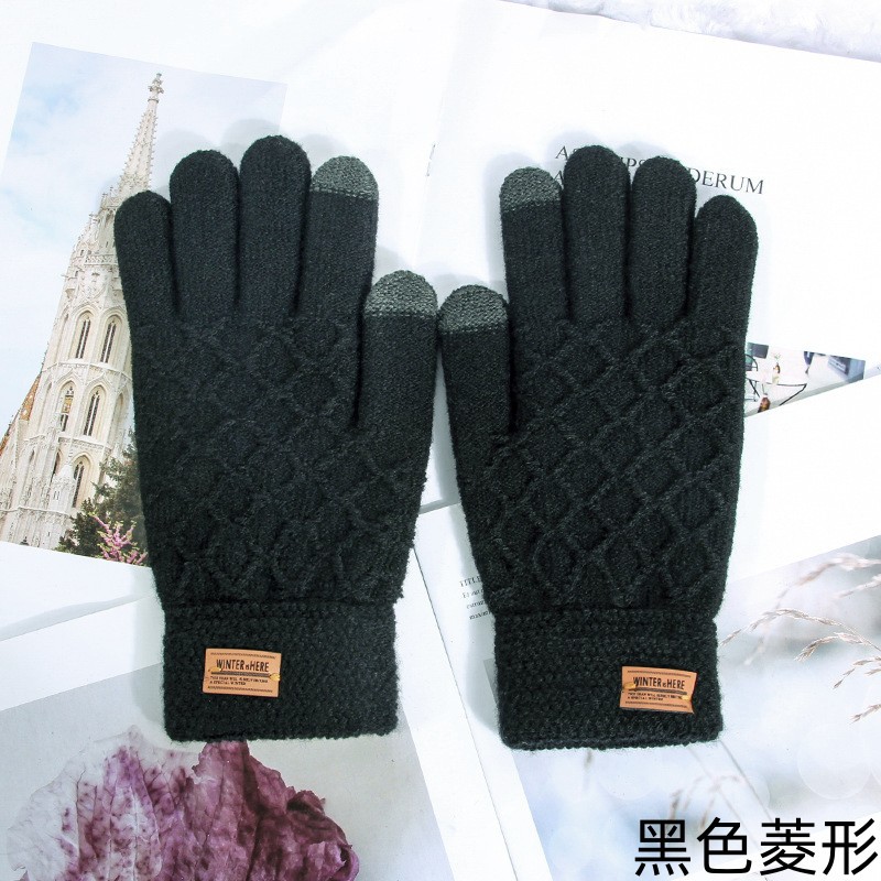 Large Size Gloves for Male Students Autumn and Winter Warm Touch Screen Cold Protection Fleece Five-Finger Knitted Wool Cycling Wholesale