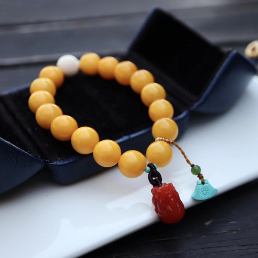 天然老蜜蜡单圈手串珠子10mm搭配猛犸象牙莲花珠等等