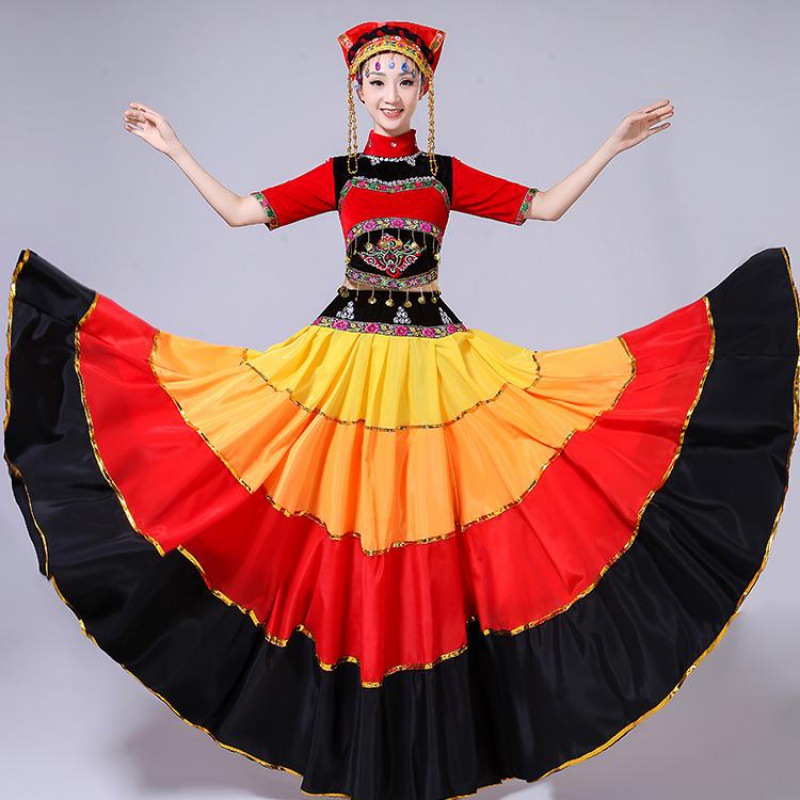 花裙彝族舞蹈大摆裙洗春天舞蹈服舞蹈服彝族火把节服装演出服批发